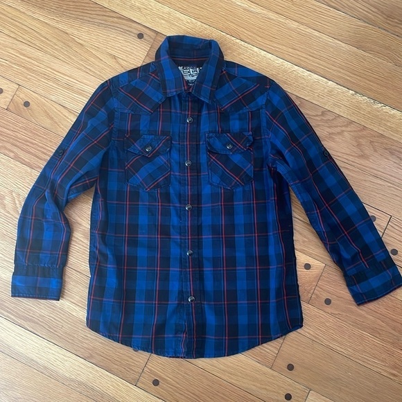 Helix Blue Plaid Snap Front Long Sleeve Western Country Dress Shirt Boys Small - Picture 1 of 6